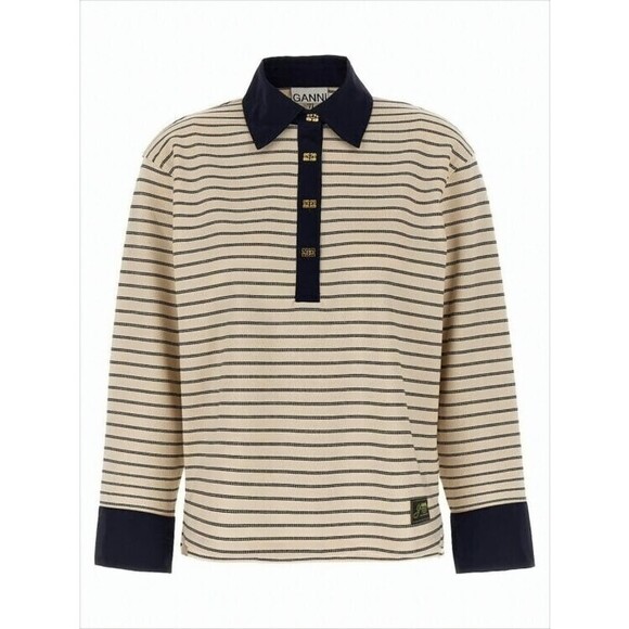 Ganni Boxy Striped Long-Sleeved Top With Gold-Tone Accents - NWT